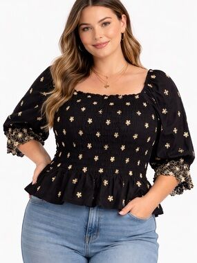 Edgely Smocked Floral Embroidered Peplum Top Cottagecore Boho XXL